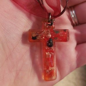 Cross with Jesus Glass Pendant Necklace